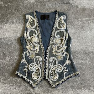 Ella Singh Vest Womens Large Beaded Sequins Silk Festival Boho Blue Cream Heavy
